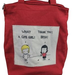 Vintage 90s Angry Little Girls Canvas Tote Bag red secret side pocket